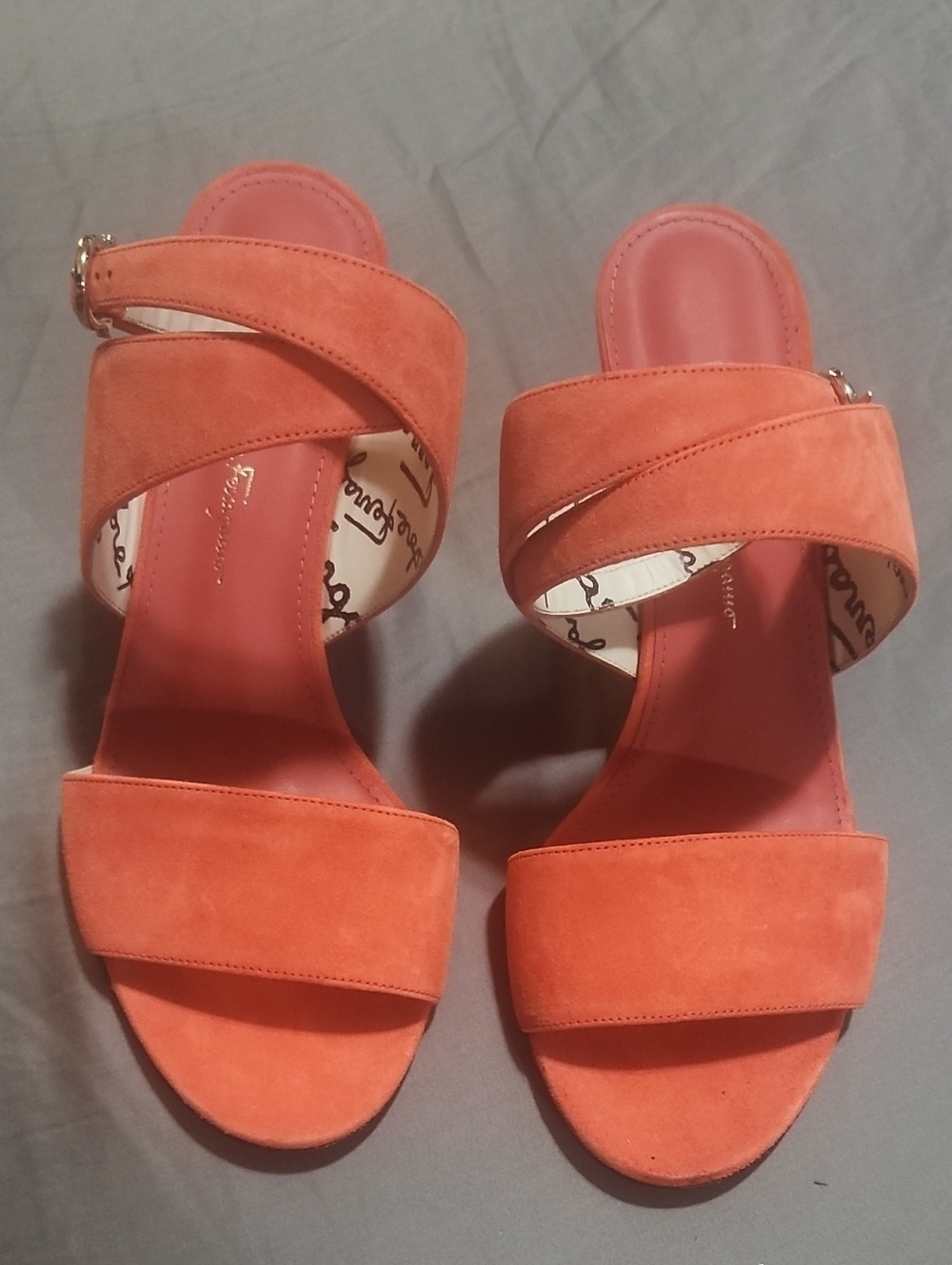 Salvatore Ferragamo Coral-Orange Suede Slide Sandals